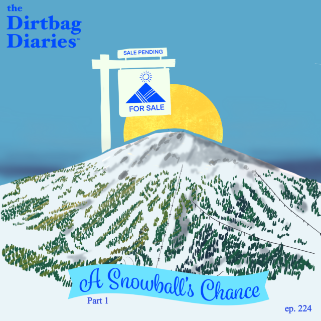 A graphic image of a ski mountain with rising sun and for sale sign.